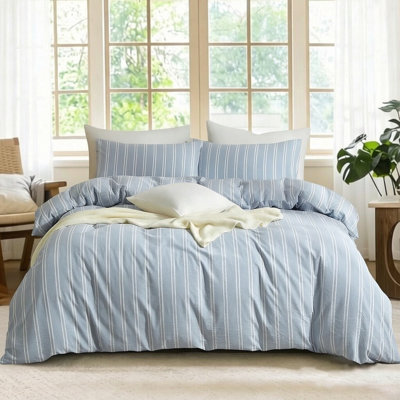 XINMIANFANG Striped Duvet Cover Set 100% Washed Cotton Linen Like Textured Vertical Stripes Bedding Comfy Breathable