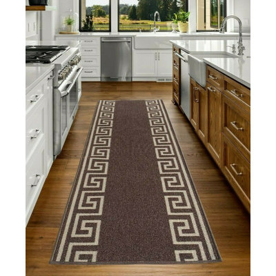 Tapis de couloir de taille personnalisée 26 pouces de large Choisissez votre longueur Motif de méandre grecque couleur brun crème