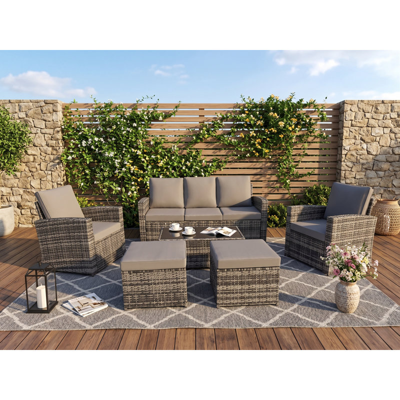 Ensemble de canapé modulaire d'extérieur avec 2 chaises, 2 repose-pieds, 1 table, coussins lavables et résistants aux intempéries