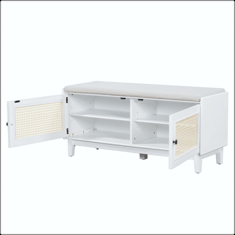 Banc de hall d'entrée en rotin avec coussin et rangement réglable Boho - blanc, Gray, Beige, blanc