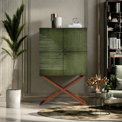 Walnut Four Door Storage Cabinet with Metal Legs