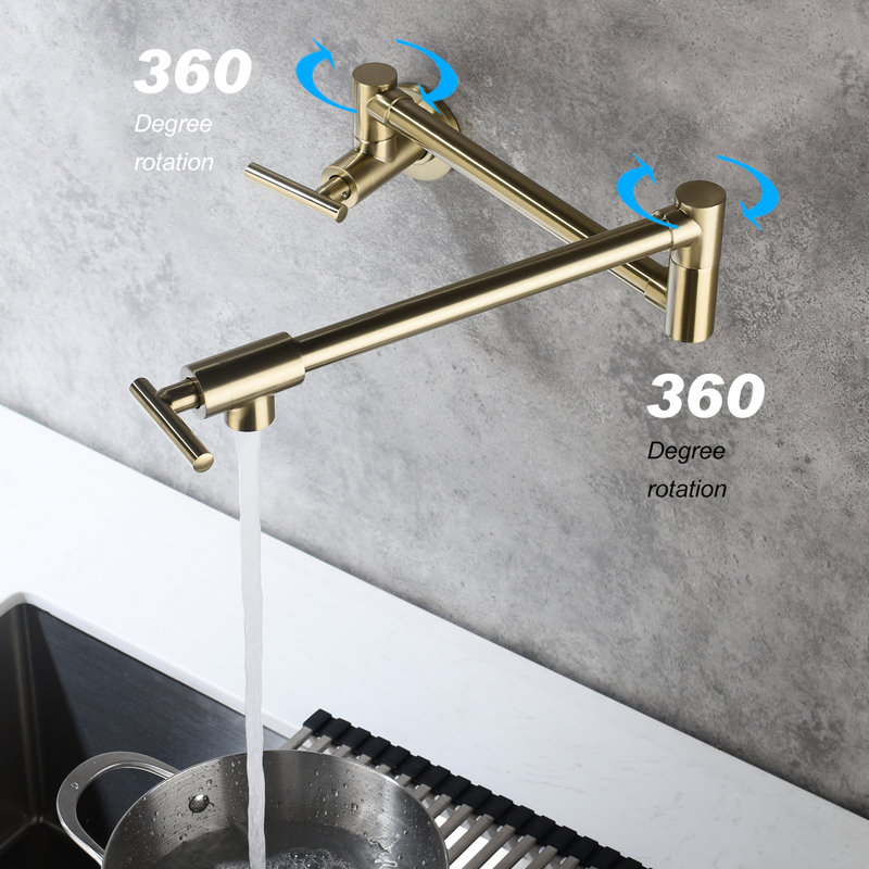 Gold Wall Mount Pot Filler Faucet - Easy Filling With Arm, Double Handles Unwanted Water Dripping, Special Surface Treatment In For Precise Control, Resists Corrosion & Fingerprint Marks