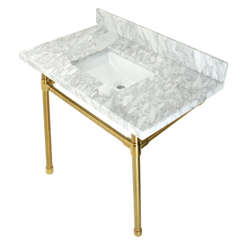 Lavabo de salle de bain console rectangulaire en céramique avec trop-plein Dreyfuss, Marbre blanc / laiton brossé