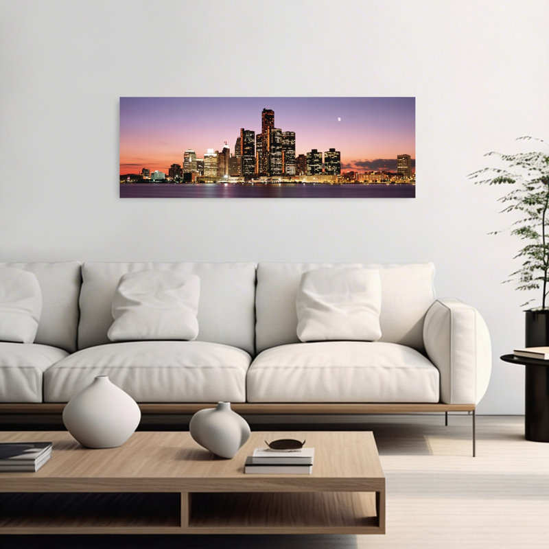 Night Skyline Detroit MI 1 Piece Wrapped Canvas Panoramic Wall Art, 40.64 cm H x 121.92 cm W