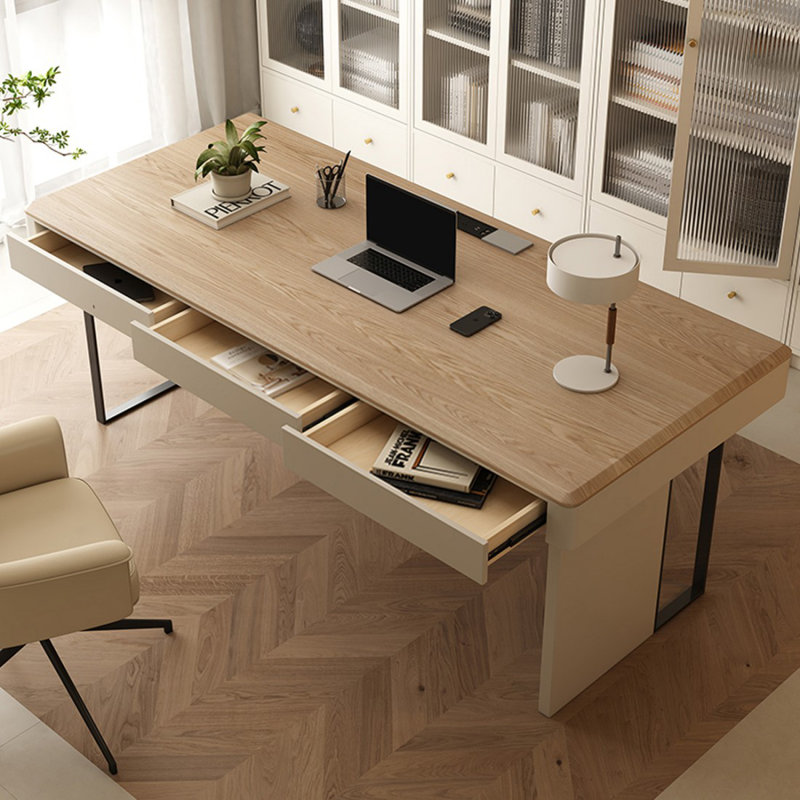 Bureau rectangulaire à 3 tiroirs Burlywood + beige + bois manufacturé noir + acier au carbone, 29.53" H x 62.99" W x 27.56" D