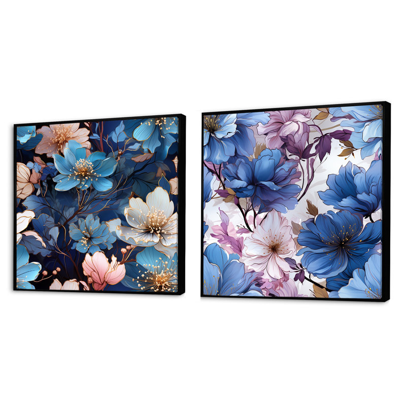 Artrip - Ensemble de 2 collages floraux carrés, Cadre flottant noir, H 30 po x l 61 po