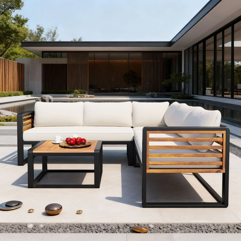 Abdel 4 Pieces Patio Conversation Sets with Cushions,L-shaped Sofa for Garden, Beige
