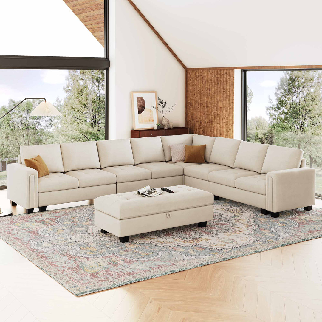 Shavera 7 - Piece Velvet Upholstered Sectional Sofa Large L shaped Livingroom Couch with Storage Ottoman Mercer41 Body 