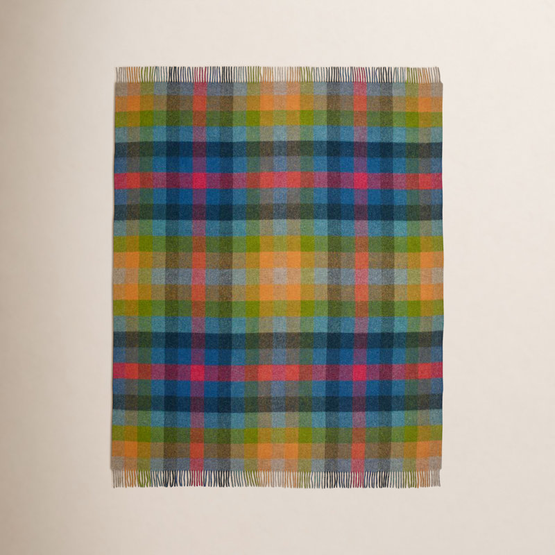 Jeté en laine Shetland, Bleu / vert / orange / mauve géométrique