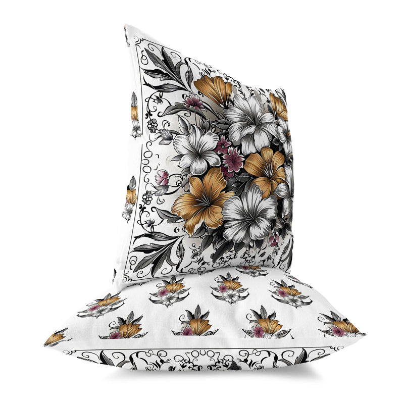 Coussin décoratif intérieur / extérieur Hibiscus Haven, Gris / Orange, H 16 po x l 16 po