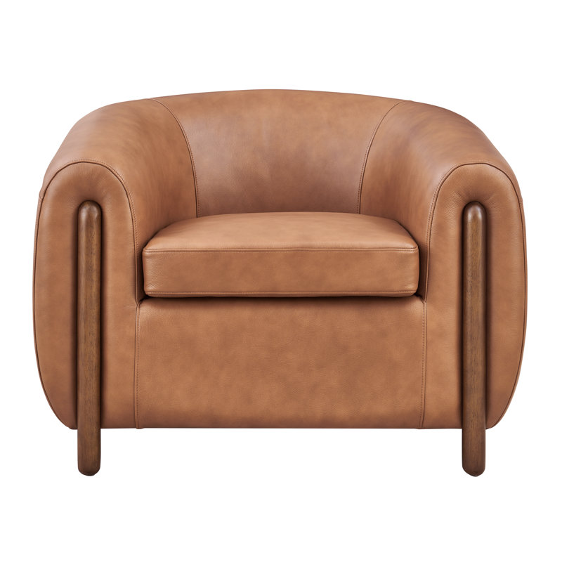 Leamon Fire-Resistant Upholstered Barrel Chair, 28" H x 38.5" W x 33" D, Jacob Brown Top Grain Leather