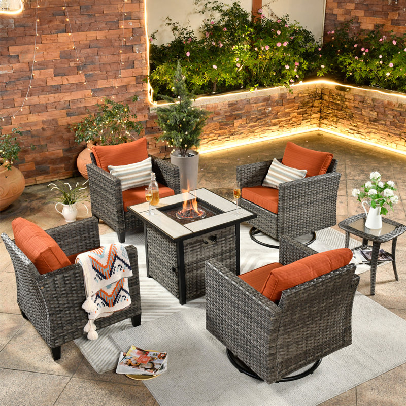 Polyethylene (PE) Wicker 4 - Person Seating Group with Fire Pit, Red Orange