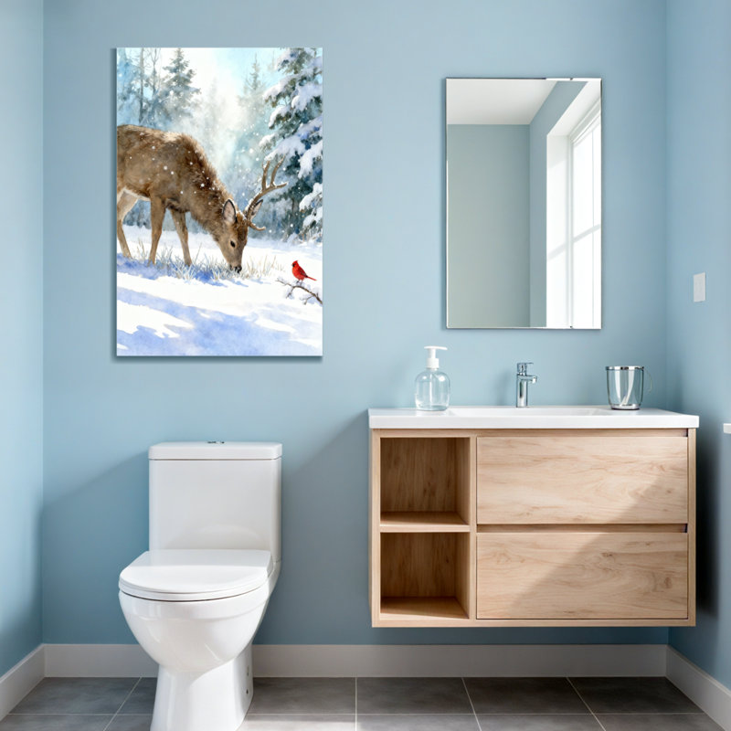 Animals Winter Deer And Red Bird Scene