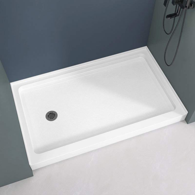 60" Single Threshold Shower Pan Base In White With Drain Assembly, Left