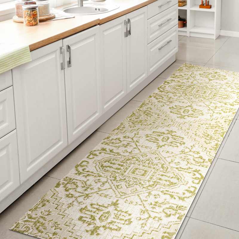 Truman Bohemian Medallion Textured Weave Cream/Green Indoor/Outdoor Rug, Runner 2'2" x 10'