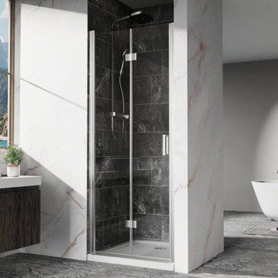 32 - 33 Inches Wide Bi Fold Pivot Glass Shower Door With Aluminum Frame, Reversible Installation, And Water Stain Resistance 72 High Swing 1/4" Tempered Glass, Zinc Alloy Hinges, Waterproof Bottom