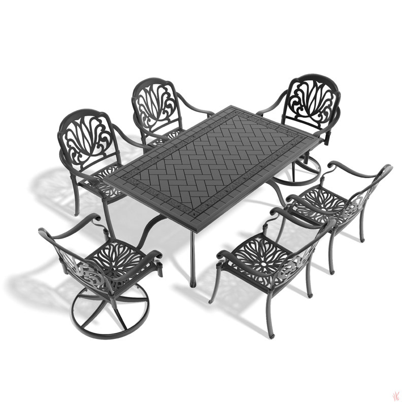 L'ensemble de salle à manger toutes saisons en fonte d'aluminium comprend 2 chaises pivotantes, 4 chaises et une table rectangulaire avec cadre noir