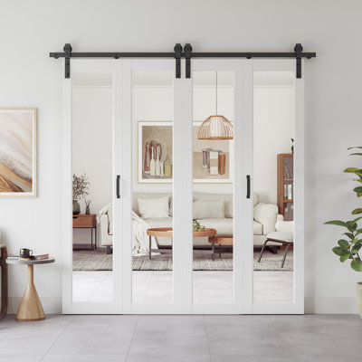 Manufactured Wood and Glass Mirrored Panelled Double Bi-fold Barn Door with Installation Hardware Kit