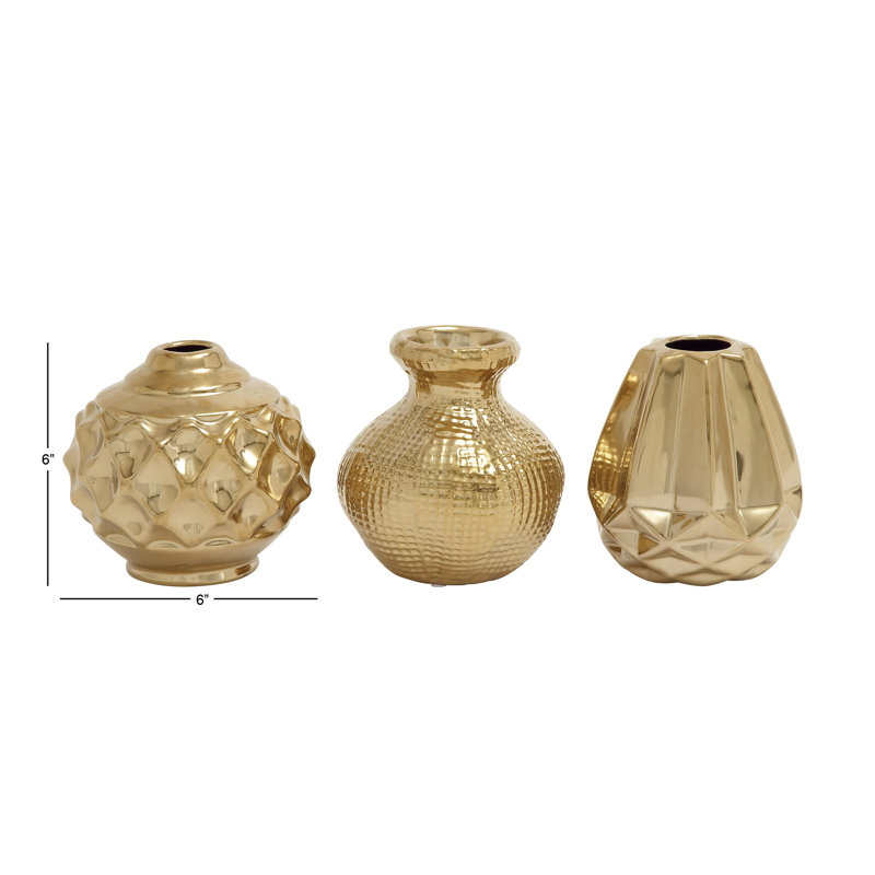 Gold Ceramic Decorative Vase with Varying Patterns Set, Golden
