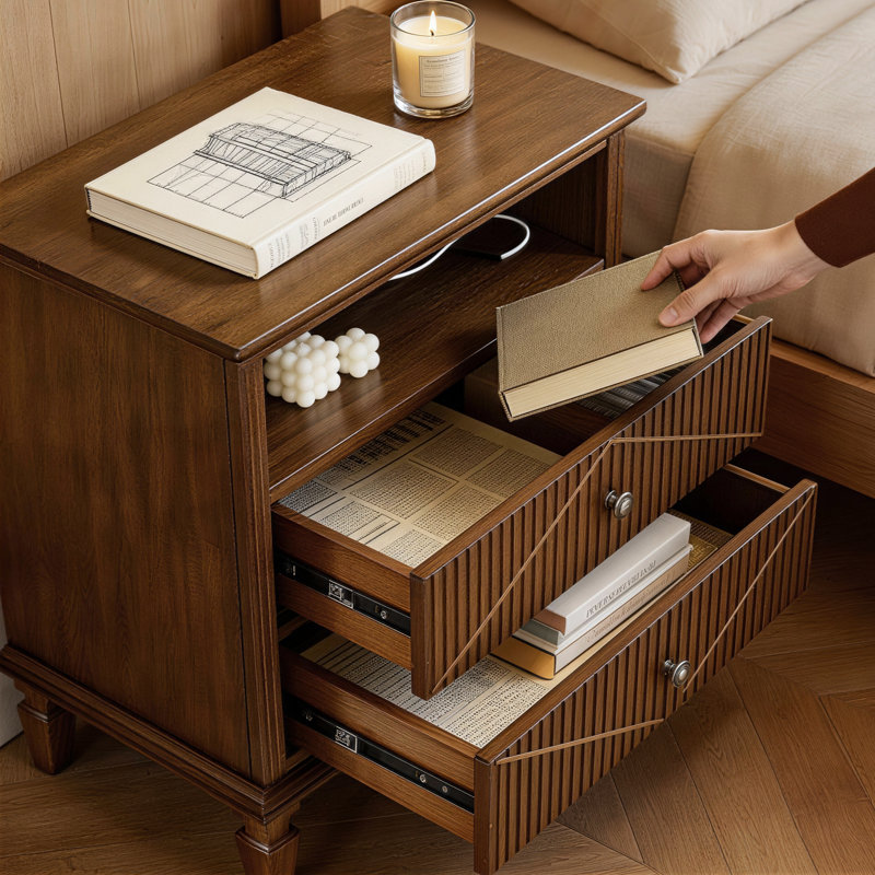 Wood Nightstand with Charging Station, 2 Drawers & Open Shelf, Farmhouse Bedside Table with USB, Type-C & AC Outlets, Walnut