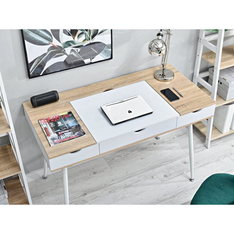 Theta Metal Base Writing Desk, White, Oak/White