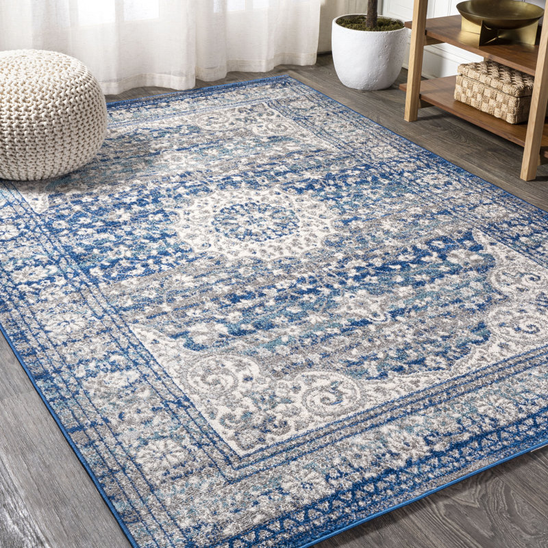 Marzo Ornate Bohemian Medallion Blue/Dark Gray Rug, Rectangle 7'9" x 10'