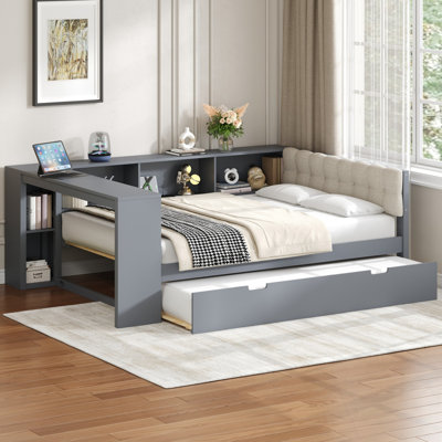 Wood Full Size Daybed Bed with Storage Shelves, Trundle and Charging Station