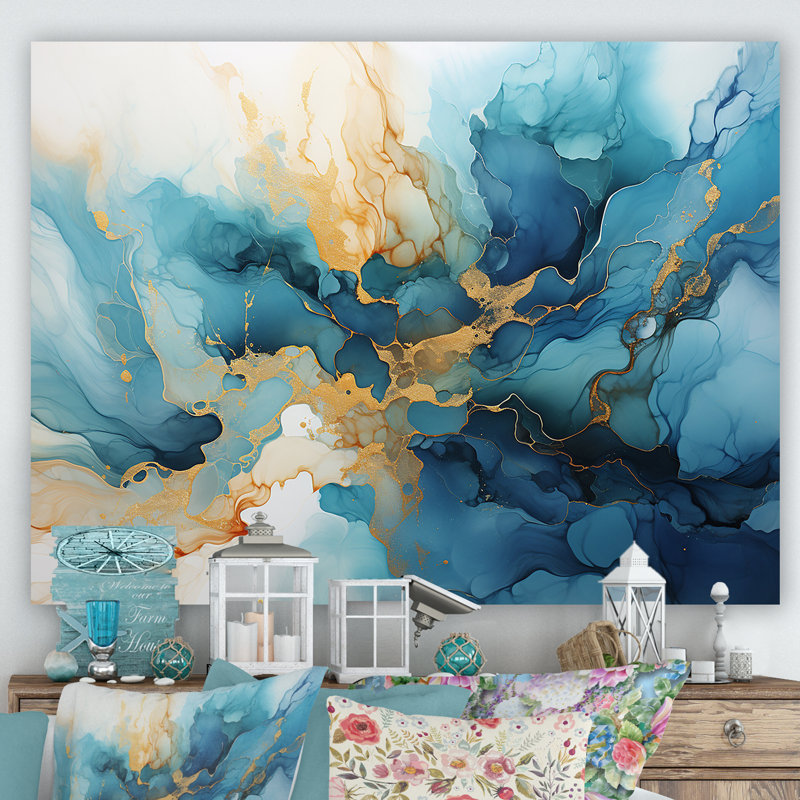 «Blue River», art mural bleu, Toile tendue, H 16 po x l 32 po x P 1 po