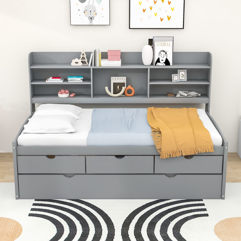 Lit plateforme simple avec rangement Dewolf, Gris clair