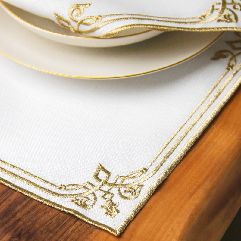 Embroidered White Linen Placemats with Gold Scrollwork – 24pc Elegant Table Mats Set for 6 Person | Islamic Decorative Dining Linens