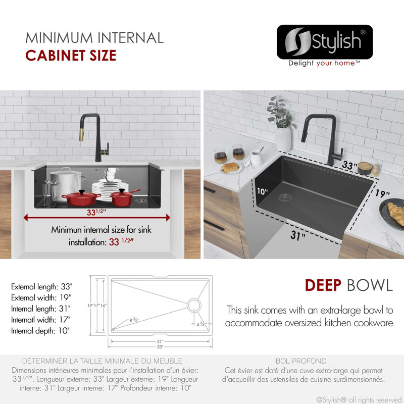 Stylish Versa33 Undermount 33" Workstation 16-gauge Single-Bowl Kitchen Sink, Graphite Black