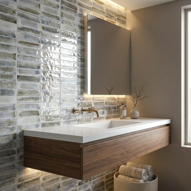 Calypso White Glossy 2.5x10 Porcelain Subway Wall Tile, Grey