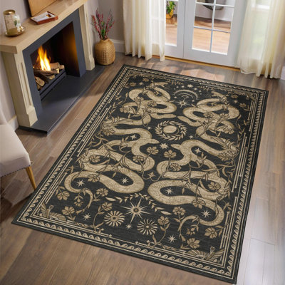 Tapis fleuri style ferme 2,74 m x 3,66 m, gris foncé, pliable et lavable, en imitation laine polyester avec envers antidérapant en TPR, idéal pour un grand salon, une chambre, une salle à manger ou toute autre pièce de la maison.