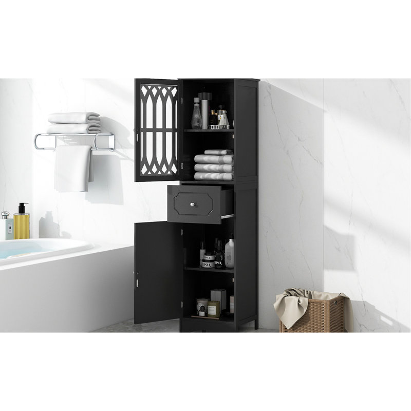 Armoire de rangement pour salle de bain - grande, noire avec poignée en métal