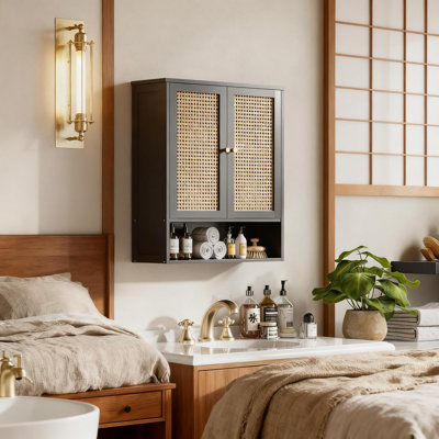 Bamboo Wall Cabinet With Rattan Doors, Adjustable Shelf And Over Toilet Hanging Storage Organizer For Small Space Bathroom