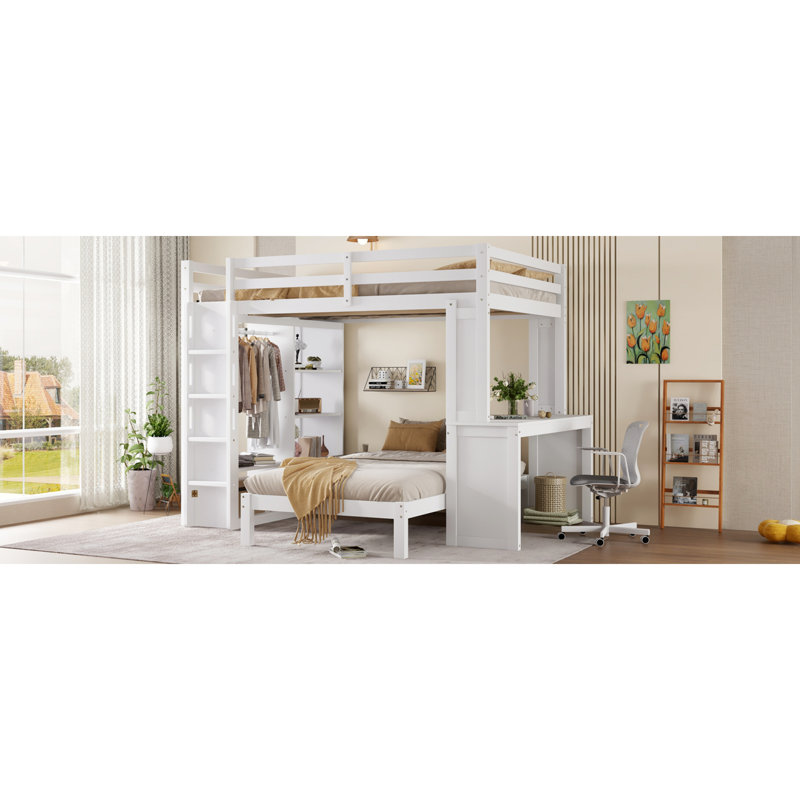 Lit de rangement polyvalent en bois massif blanc avec plusieurs espaces de vie