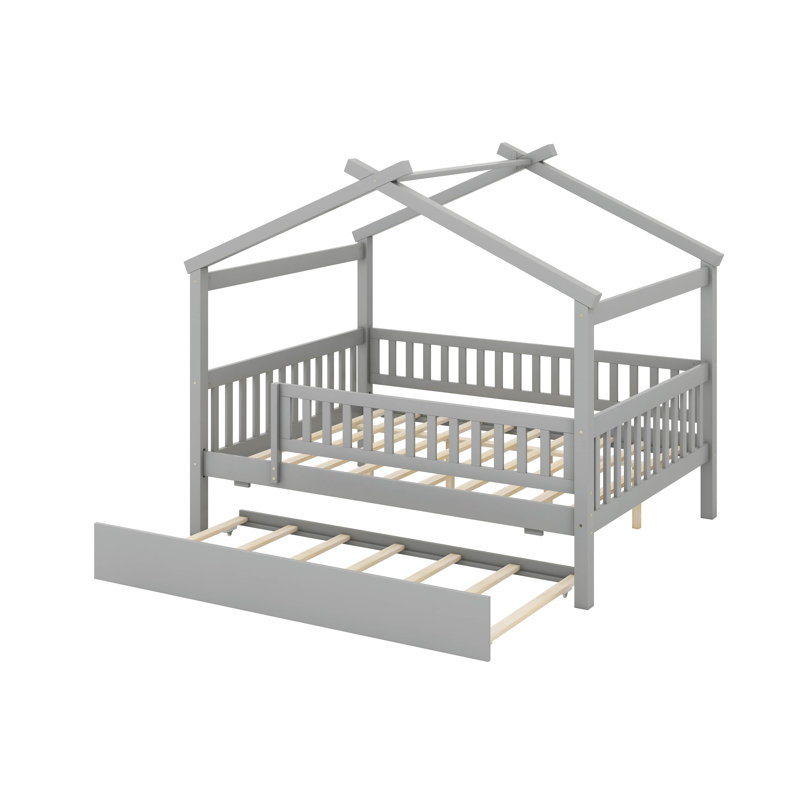 Wooden House Bed With Trundle, Bunk Bed With Roof, Full , Gray