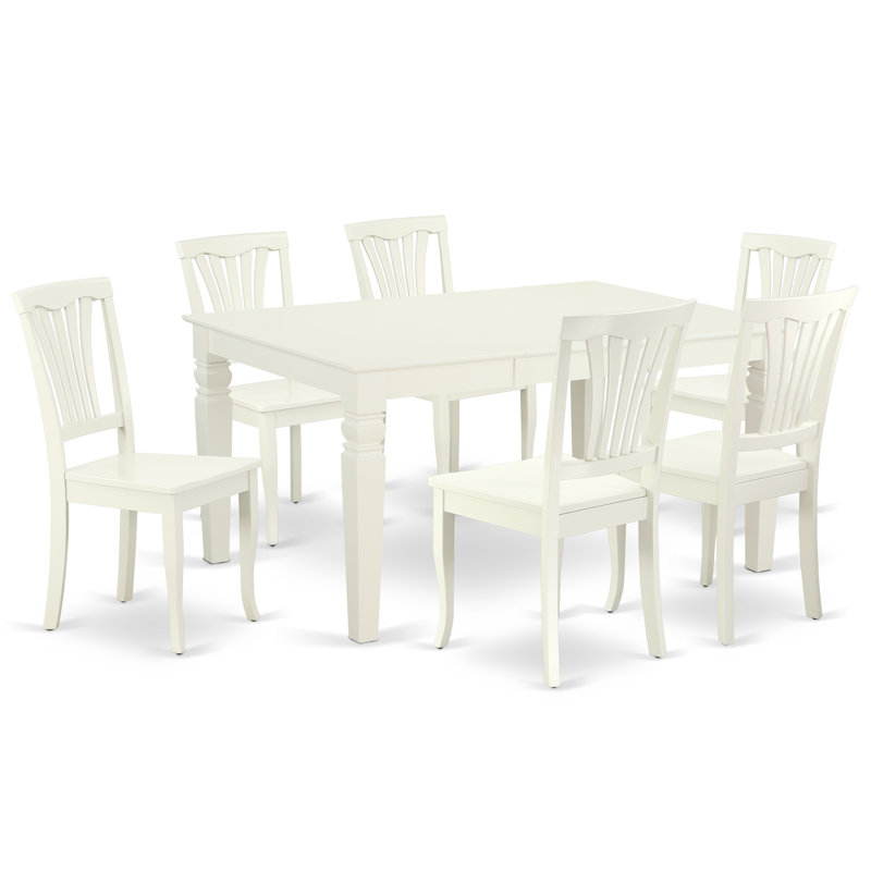 Ensemble de salle à manger 7 pièces composé d'une table de salle à manger rectangulaire avec rallonge papillon et 6 chaises en bois, lin blanc