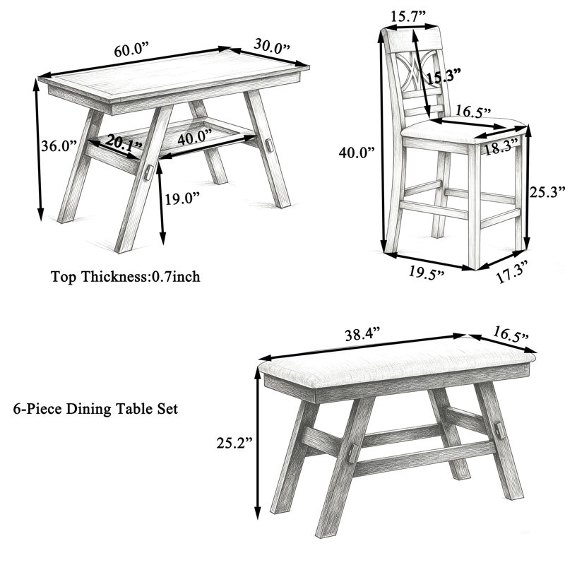 Ensemble de table de salle à manger 60 pièces en bois 60 po avec tablette de rangement et banc pour repas de cuisine élégants