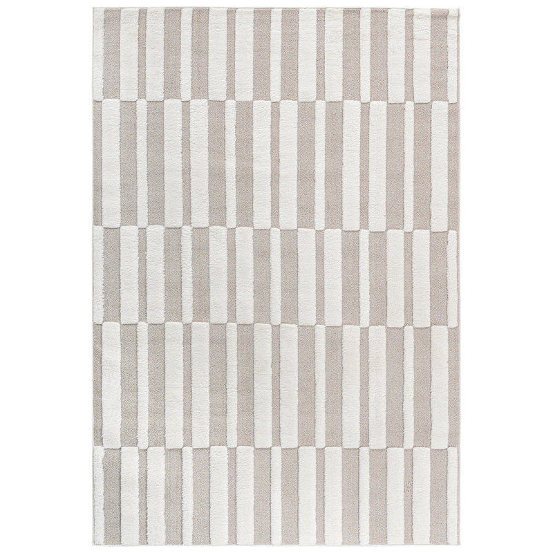 Step Collection High-Low Striped Beige/Cream Indoor Area Rug, 6'7''X9', Modern, Contemporary, Geometric, Bohemian, Bedroom, Kitchen, Living Room, Non Shedding Carpet