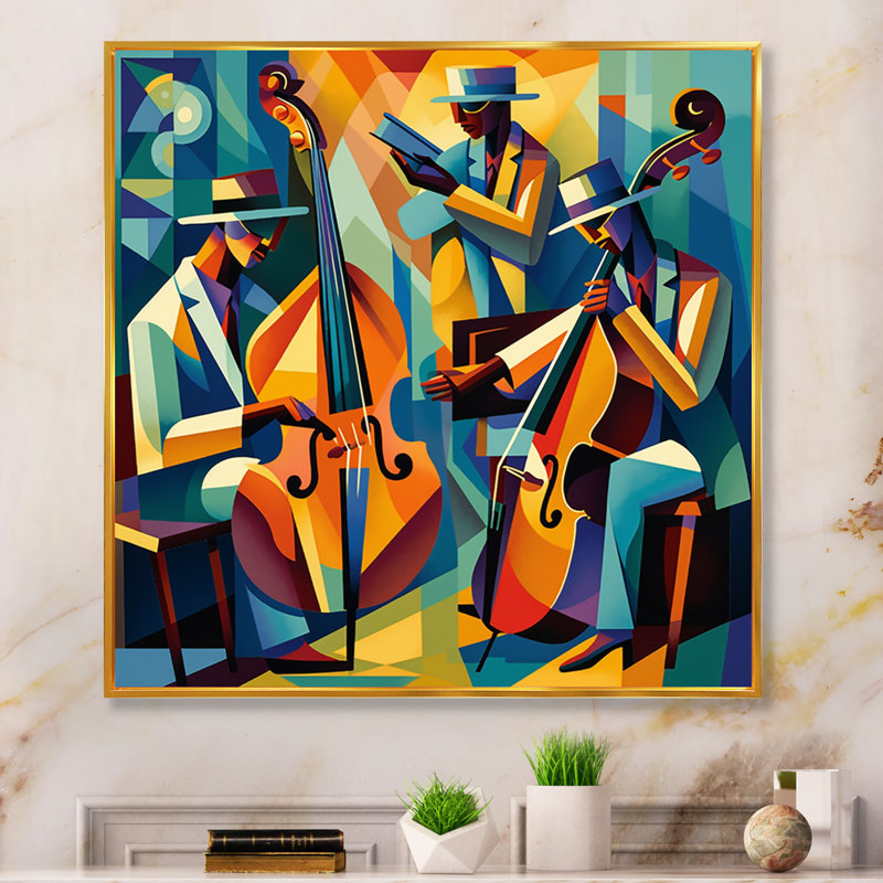 «Jazz Performance On Stage II - Music Jazz Large», art mural, H 36 po x l 36 po, Reproduction avec cadre flottant, Doré