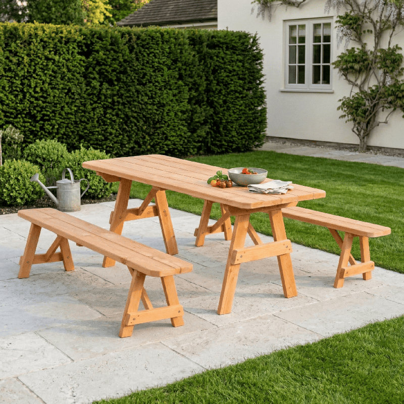  Table en cèdre rouge 8 pi 8 po avec 4-4 bancs, teinte champignon, Teinte champignon, 8 pieds avec 4 bancs