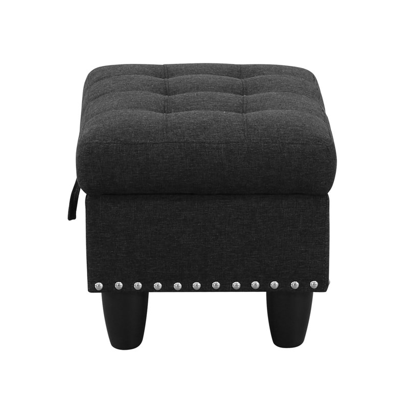 Modern Storage Ottoman, Black Gray Linen Fabric