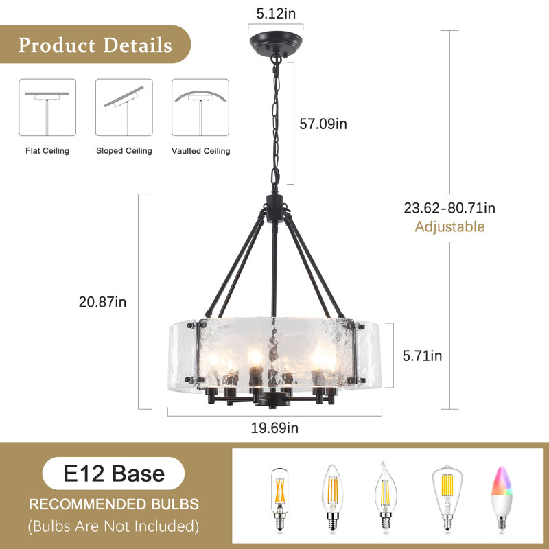 6 - Light 19.69'' Dimmable Modern Drum Candle  Chandelier With Glass Shade, Black