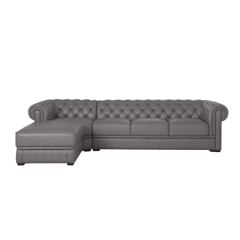 Canapé modulaire classique Chesterfield, Cuir véritable gris, Accoudoir à gauche (vu de face)