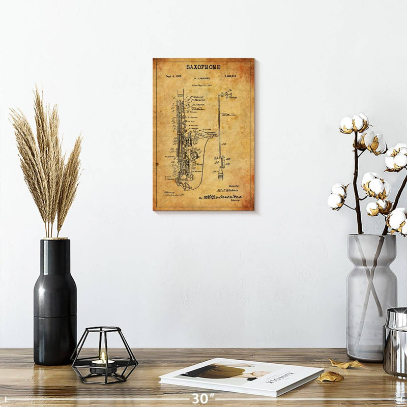 Brevet de saxophone sur toile, H 12 po x l 8 po x P 1 po