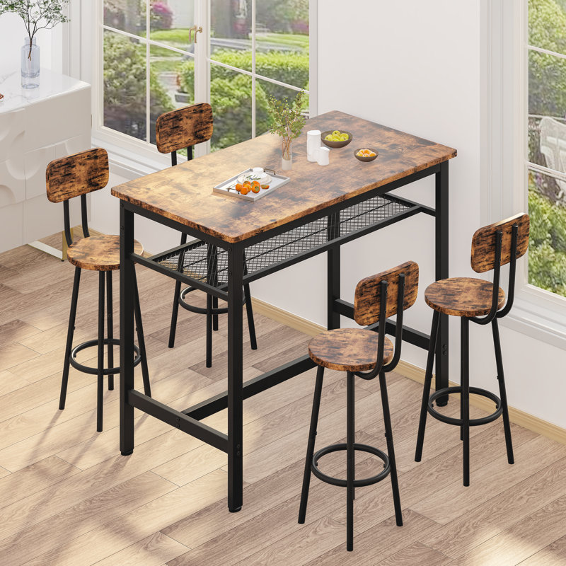 Lysle 5-Piece Industrial Bar Table Set with Metal Shelf, Dining Set, Counter Height Table & 4 Bar Stools, Black, Rustic Brown