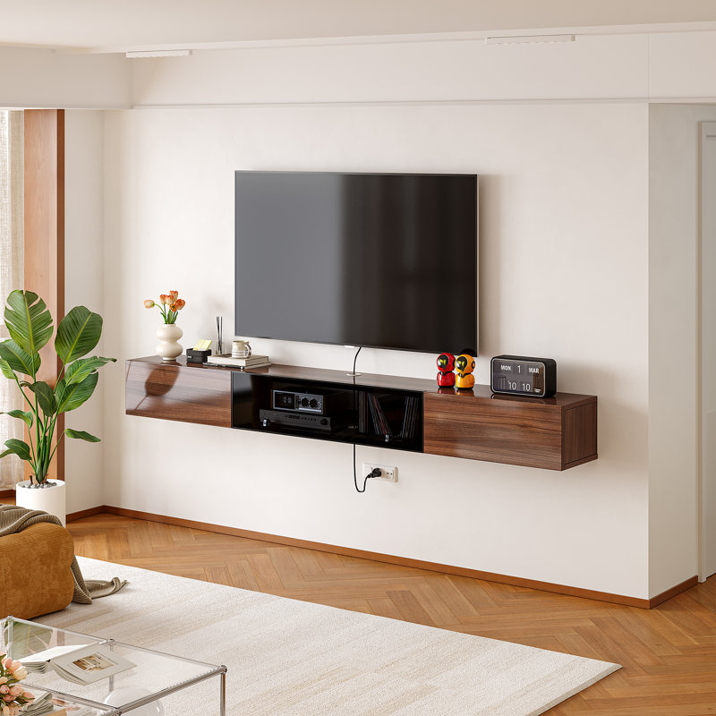 Meuble télé 55 po mural flottant ultrabrillant avec rangement (noyer), H 7,8 po x L 55 po x l 9,8 po