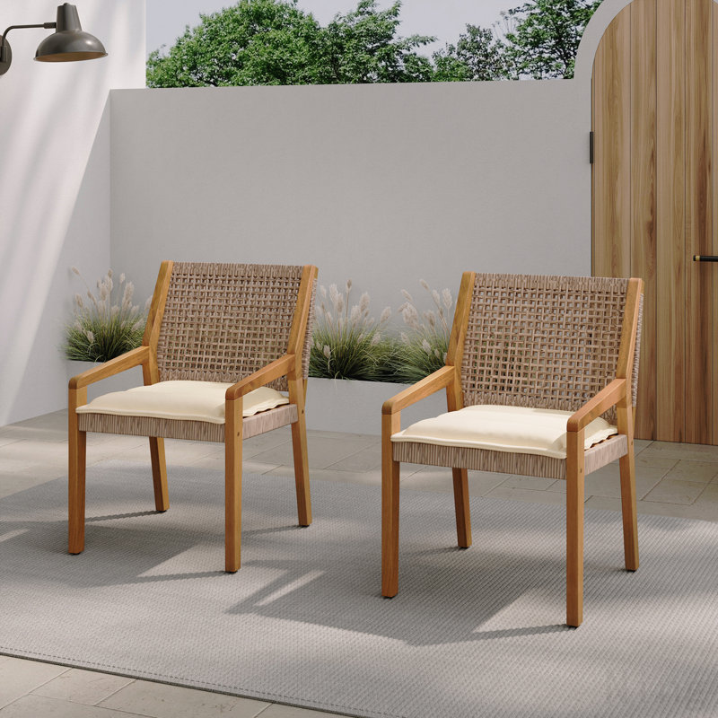 Chaise de salle à manger d'extérieur - Bois d'acacia et osier avec meubles de patio à coussin crème - Finition teck et brun wicke - Ensemble de 2