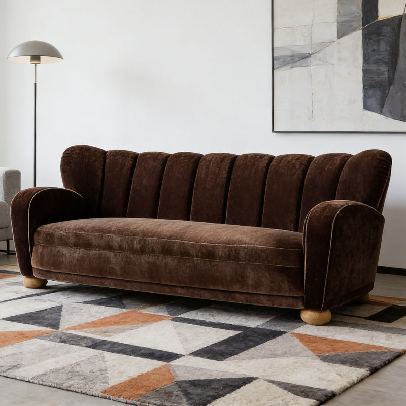 Solid Wood Frame Modern Dark Brown Velvet Sofa